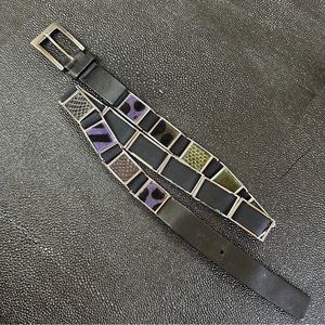 Suzi Roher Stretch Black Leather Belt with Reptile & Suede Framed Metal Links